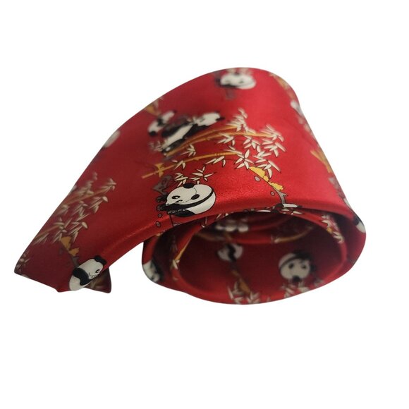 Red Silk Necktie With Panda & Bamboo Print Design Kailong 100% Silk Hand Made - Picture 2 of 5